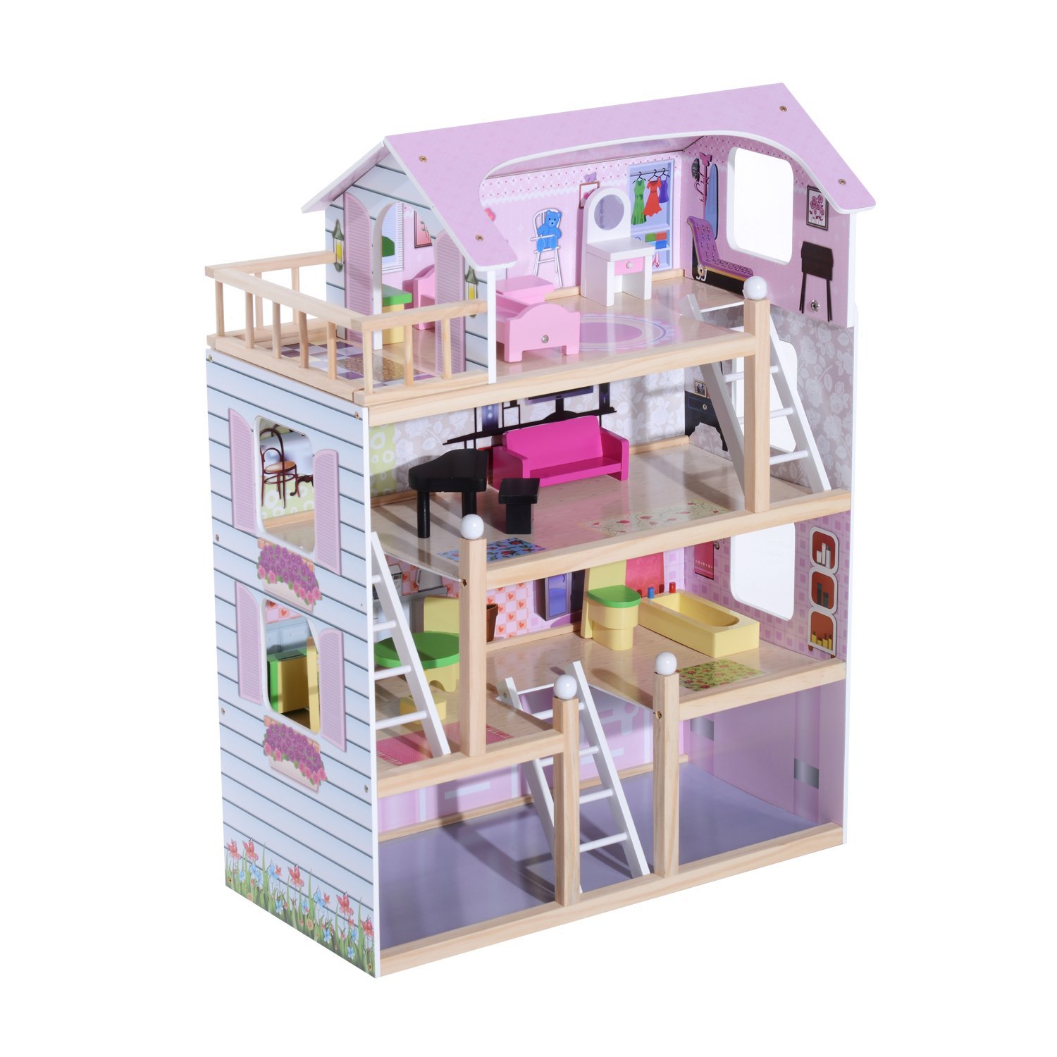 HOMCOM Deluxe Wooden Kids Doll House with 13 Piece Furnitures Cottage Children Girls Dollhouse Entertainment Imagination Toy Game | Aosom Ireland