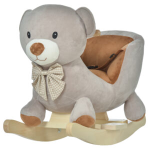 HOMCOM Kids Children Rocking Horse Plush Ride On Bear Seat w/ Sound Wood Base Seat Safety Belt Toddler Baby Toy Grey | Aosom Ireland