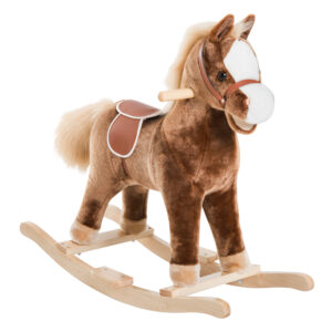 HOMCOM Kids Children Plush Rocking Horse Wooden Base Ride On Toy Rocker with Handle Grip Traditional Toy Fun Gift for Age 3+ (Brown) | Aosom Ireland
