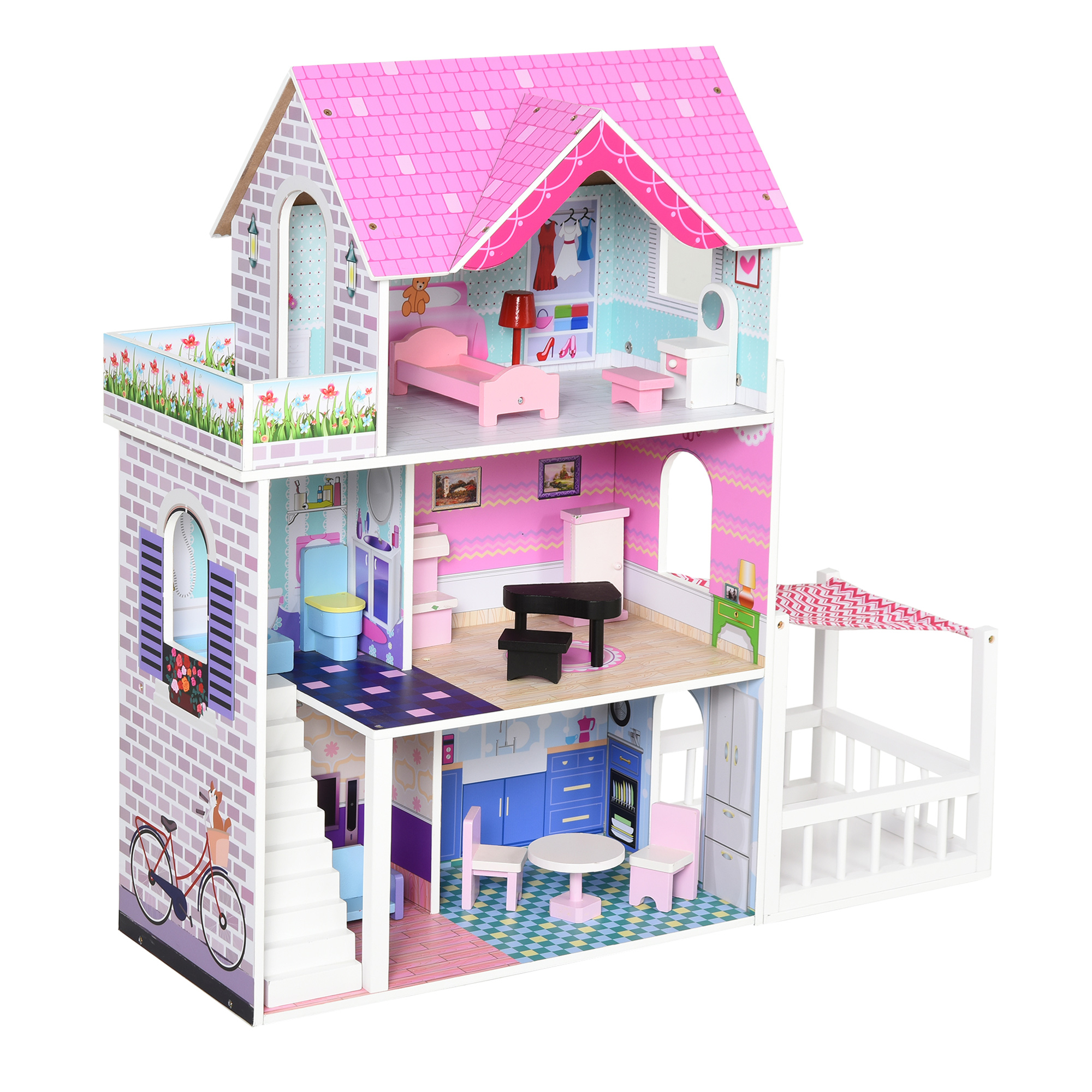 HOMCOM Qaba/HOMCOM Kids Wooden Dollhouse Dreamhouse Villa w/Patio Dollhouse w/Furniture Accessories Kit| Aosom Ireland