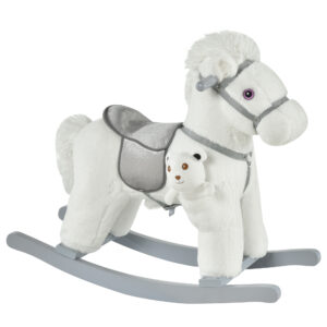 HOMCOM Kids Plush Ride-On Rocking Horse Toy Rocker w/ Plush Toy Realistic Sounds for Child 18-36 Months White | Aosom Ireland