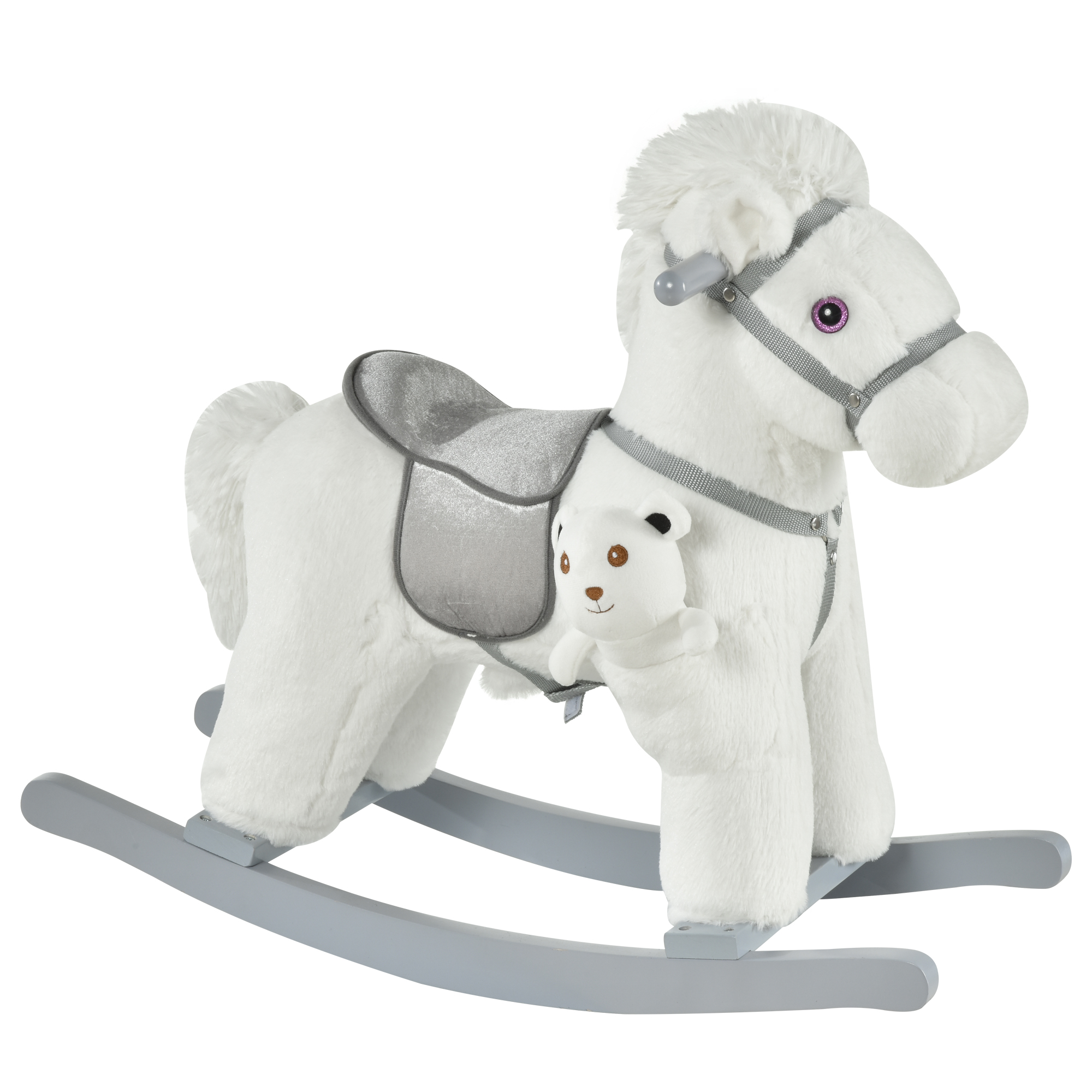 HOMCOM Kids Plush Ride-On Rocking Horse Toy Rocker w/ Plush Toy Realistic Sounds for Child 18-36 Months White | Aosom Ireland